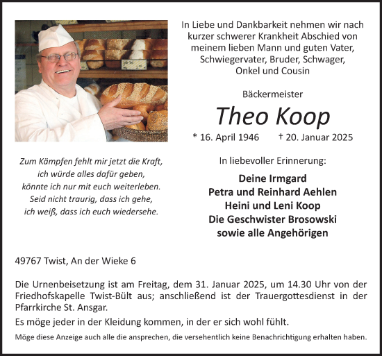 Traueranzeige von Theo Koop von Neue Osnabrücker Zeitung GmbH & Co. KG