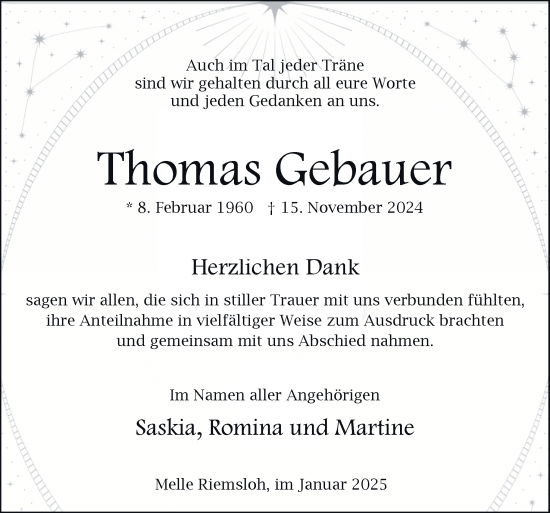 Traueranzeige von Thomas Gebauer von Neue Osnabrücker Zeitung GmbH & Co. KG