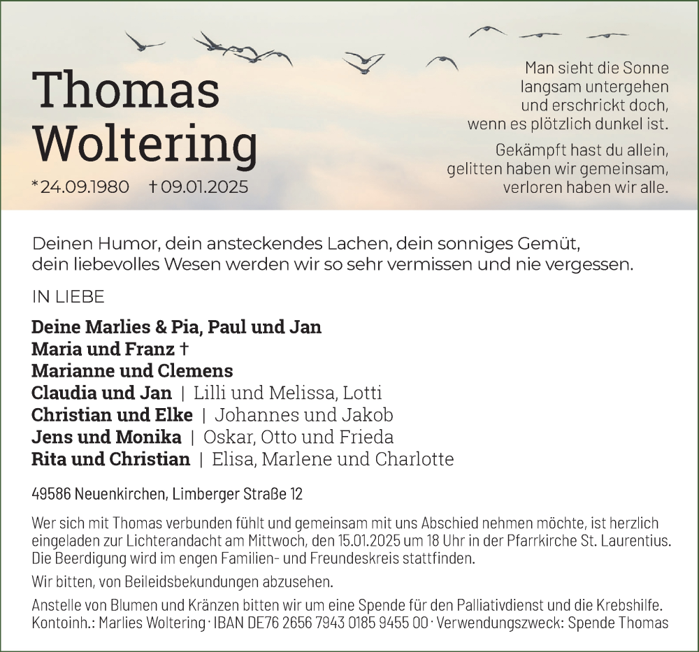  Traueranzeige für Thomas Woltering vom 13.01.2025 aus Neue Osnabrücker Zeitung GmbH & Co. KG