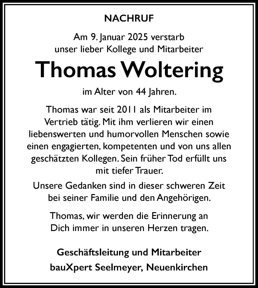  Traueranzeige für Thomas Woltering vom 13.01.2025 aus Neue Osnabrücker Zeitung GmbH & Co. KG