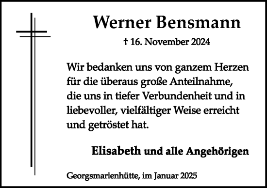 Traueranzeige von Werner Bensmann von Neue Osnabrücker Zeitung GmbH & Co. KG