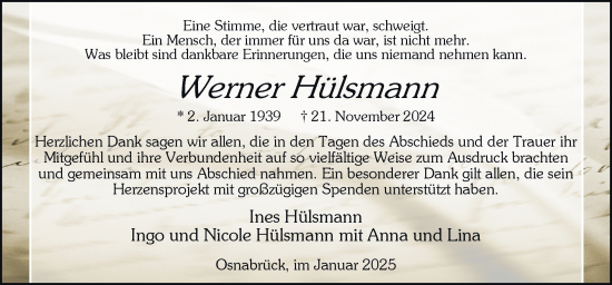 Traueranzeige von Werner Hülsmann von Neue Osnabrücker Zeitung GmbH & Co. KG