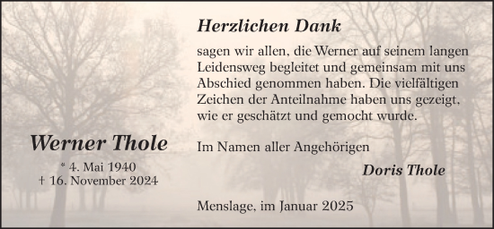 Traueranzeige von Werner Thole von Neue Osnabrücker Zeitung GmbH & Co. KG