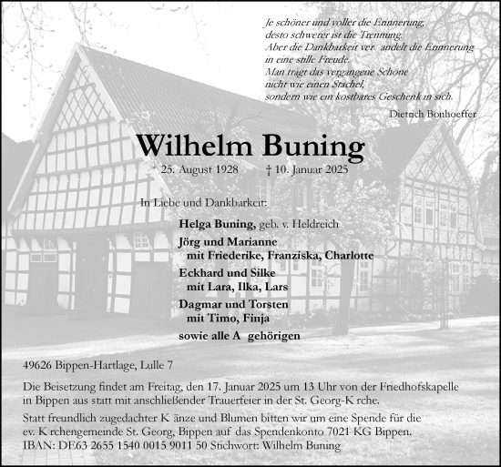 Traueranzeige von Wilhelm Buning von Neue Osnabrücker Zeitung GmbH & Co. KG