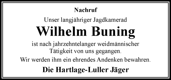 Traueranzeige von Wilhelm Buning von Neue Osnabrücker Zeitung GmbH & Co. KG