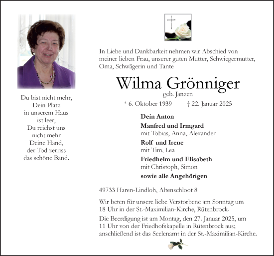 Traueranzeige von Wilma Grönniger von Neue Osnabrücker Zeitung GmbH & Co. KG