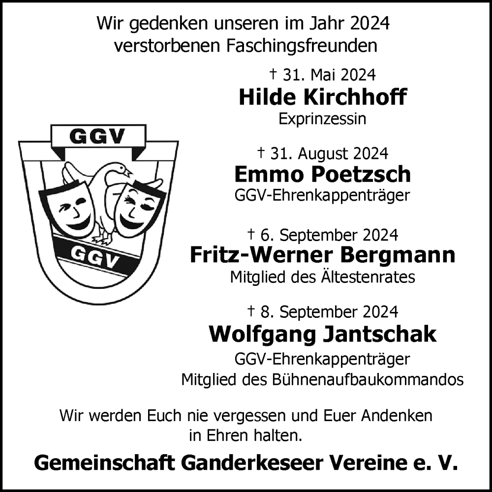  Traueranzeige für Wir gedenken unseren im Jahr 2024 verstorbenen Faschingsfreunden  vom 11.01.2025 aus DK Medien GmbH & Co. KG