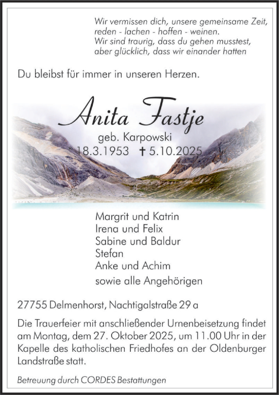 Traueranzeige von Anita Fastje von DK Medien GmbH & Co. KG