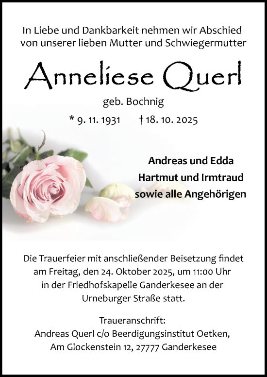 Traueranzeige von Anneliese Querl von DK Medien GmbH & Co. KG