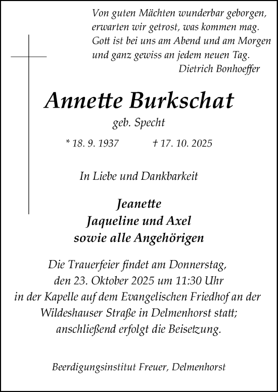 Traueranzeige von Annette Burkschat von DK Medien GmbH & Co. KG