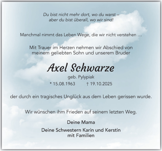 Traueranzeige von Axel Schwarze von DK Medien GmbH & Co. KG