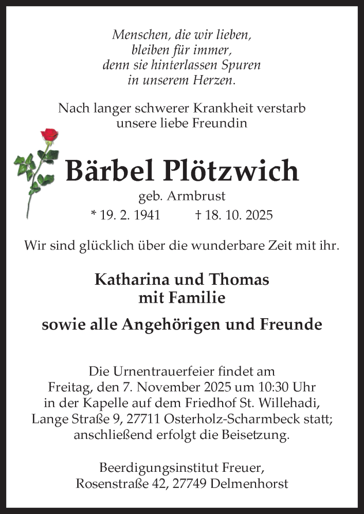  Traueranzeige für Bärbel Plötzwich vom 25.10.2025 aus DK Medien GmbH & Co. KG