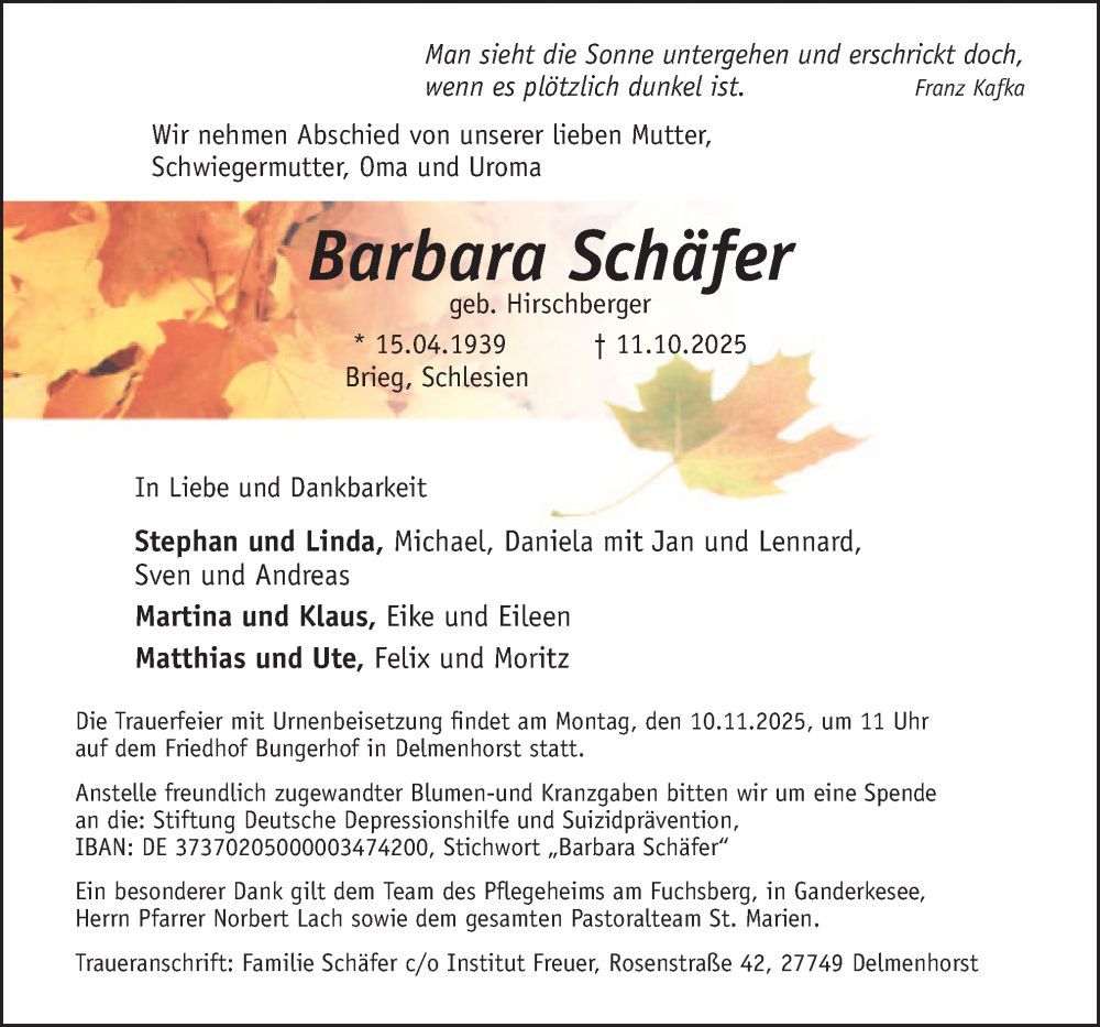  Traueranzeige für Barbara Schäfer vom 18.10.2025 aus DK Medien GmbH & Co. KG