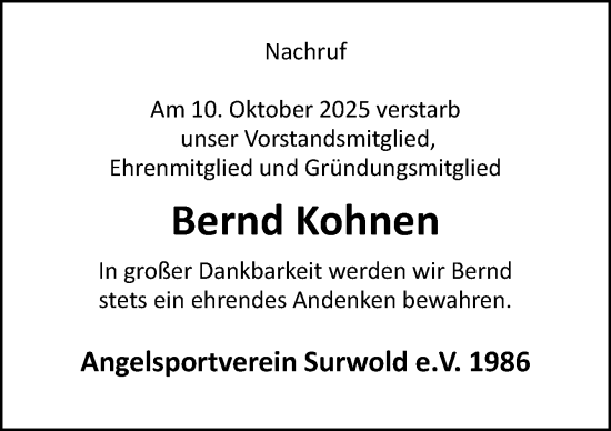 Traueranzeige von Bernd Kohnen von Neue Osnabrücker Zeitung GmbH & Co. KG