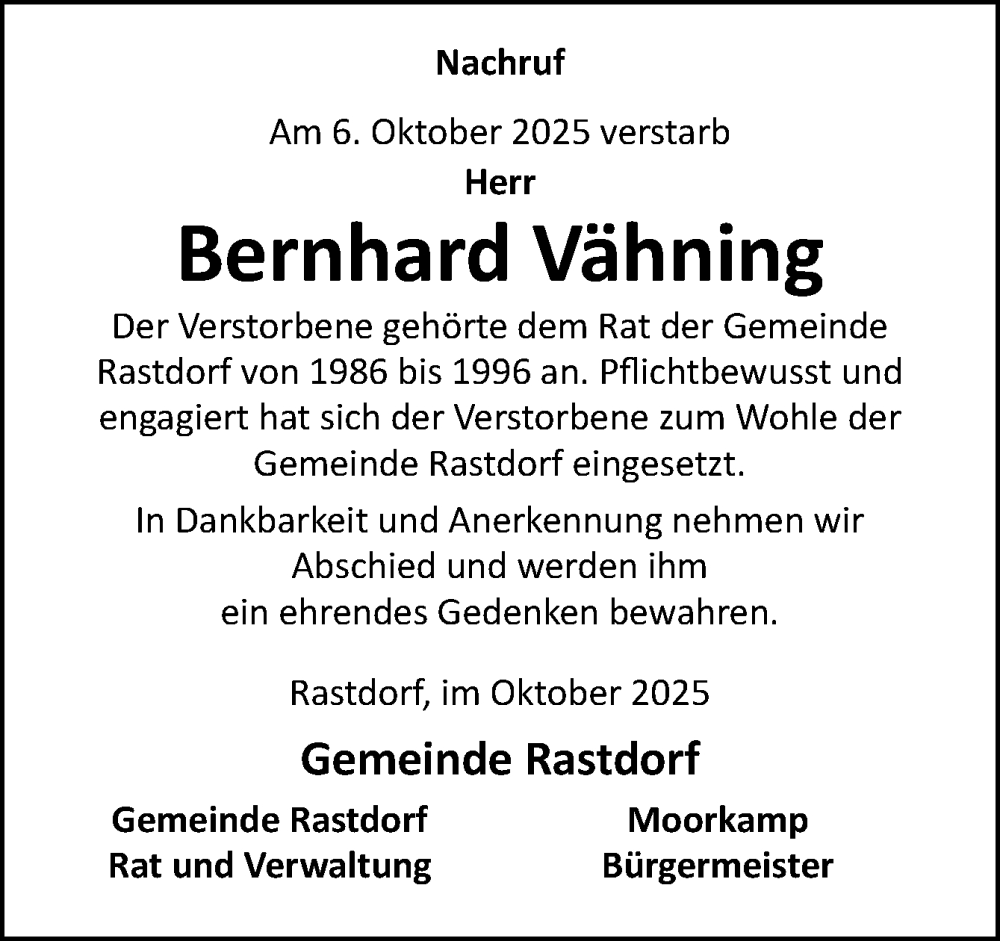  Traueranzeige für Bernhard Vähning vom 10.10.2025 aus Neue Osnabrücker Zeitung GmbH & Co. KG