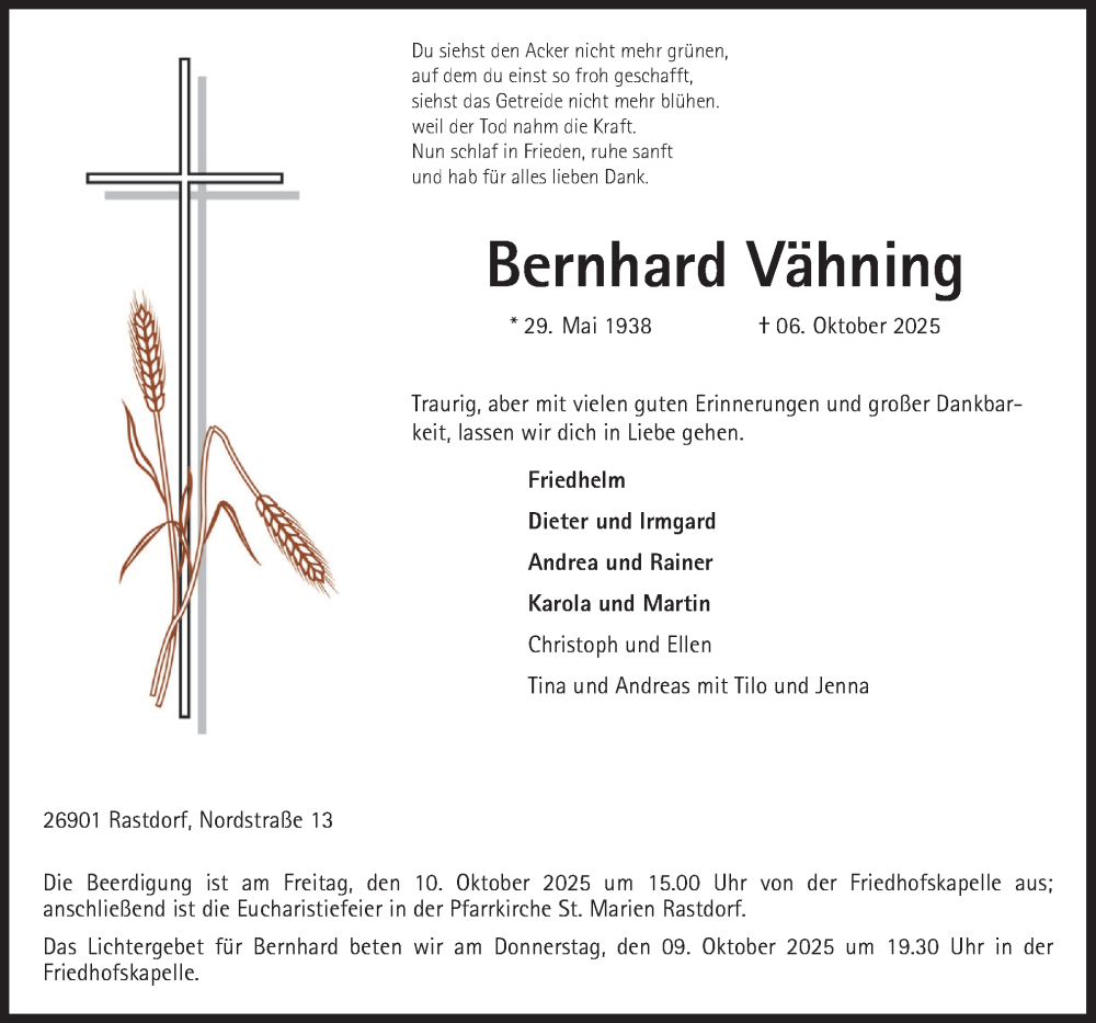  Traueranzeige für Bernhard Vähning vom 08.10.2025 aus Neue Osnabrücker Zeitung GmbH & Co. KG