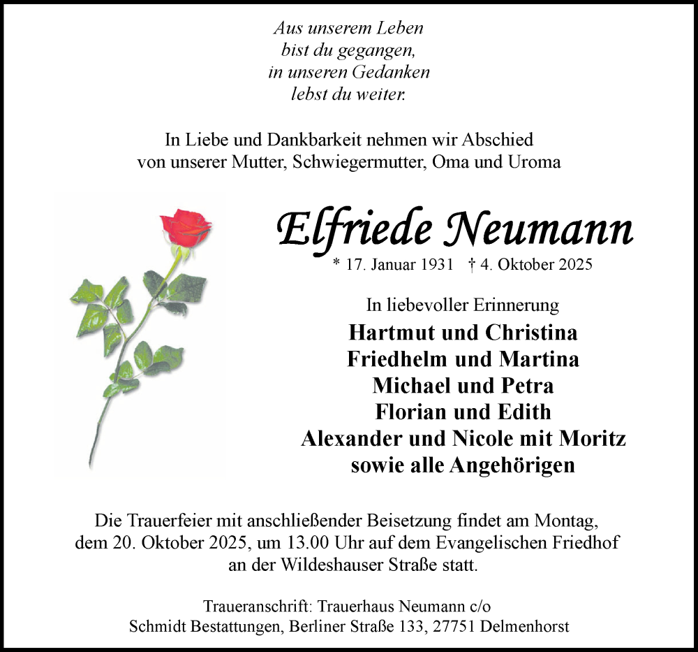  Traueranzeige für Elfriede Neumann vom 15.10.2025 aus DK Medien GmbH & Co. KG