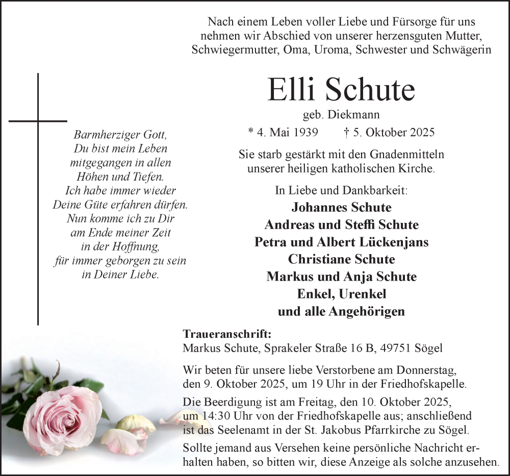  Traueranzeige für Elli Schute vom 07.10.2025 aus Neue Osnabrücker Zeitung GmbH & Co. KG