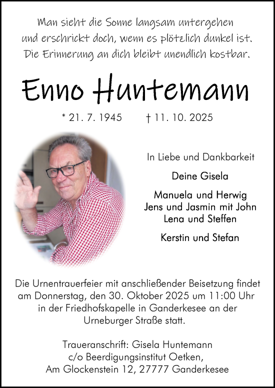 Traueranzeige von Enno Huntemann von DK Medien GmbH & Co. KG