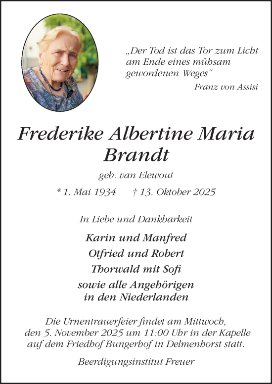 Traueranzeige von Frederike Albertine Maria Brandt von DK Medien GmbH & Co. KG