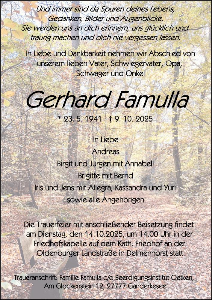  Traueranzeige für Gerhard Famulla vom 13.10.2025 aus DK Medien GmbH & Co. KG
