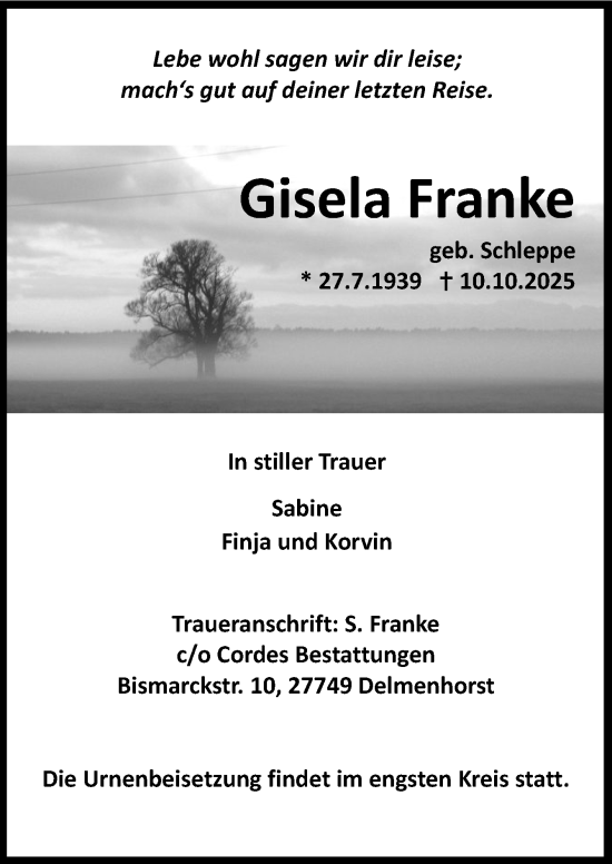Traueranzeige von Gisela Franke von DK Medien GmbH & Co. KG