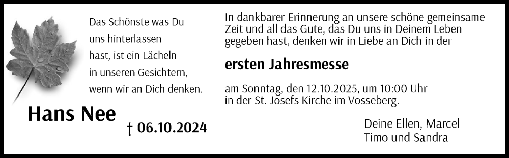  Traueranzeige für Hans Nee vom 06.10.2025 aus Neue Osnabrücker Zeitung GmbH & Co. KG