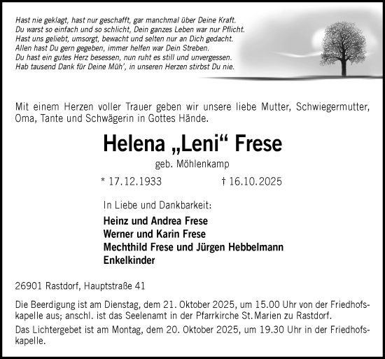 Traueranzeige von Helena Frese von Neue Osnabrücker Zeitung GmbH & Co. KG