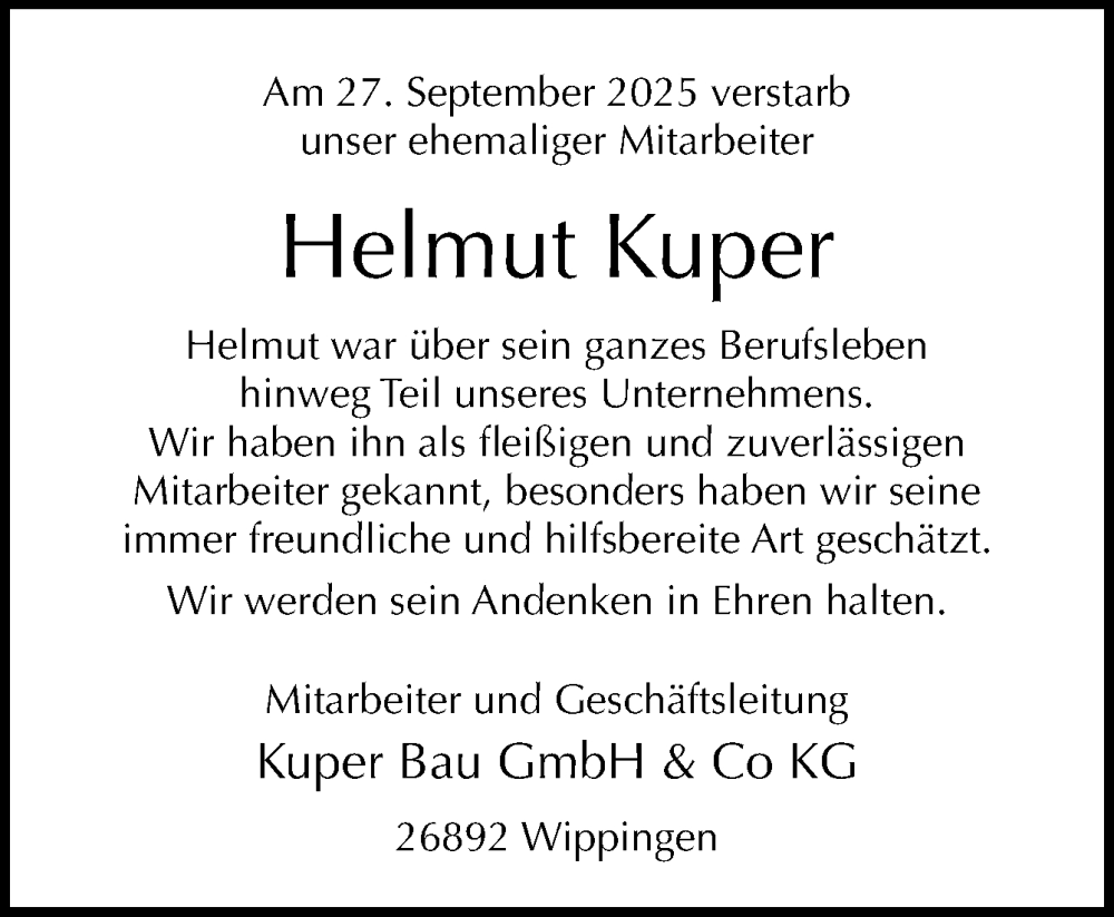  Traueranzeige für Helmut Kuper vom 01.10.2025 aus Neue Osnabrücker Zeitung GmbH & Co. KG