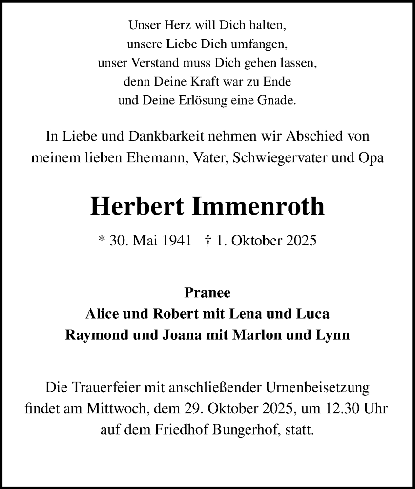  Traueranzeige für Herbert Immenroth vom 18.10.2025 aus DK Medien GmbH & Co. KG