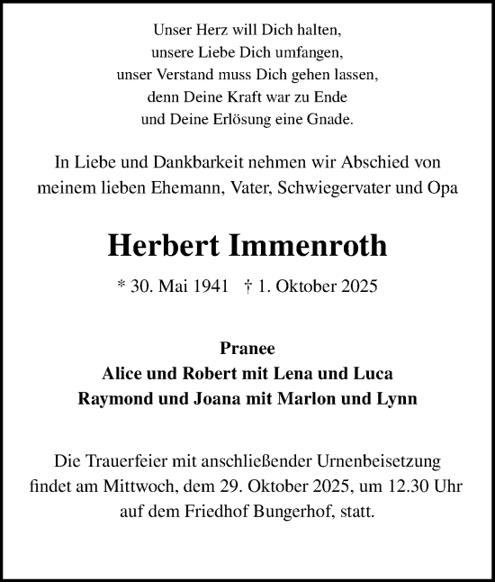 Traueranzeige von Herbert Immenroth von DK Medien GmbH & Co. KG