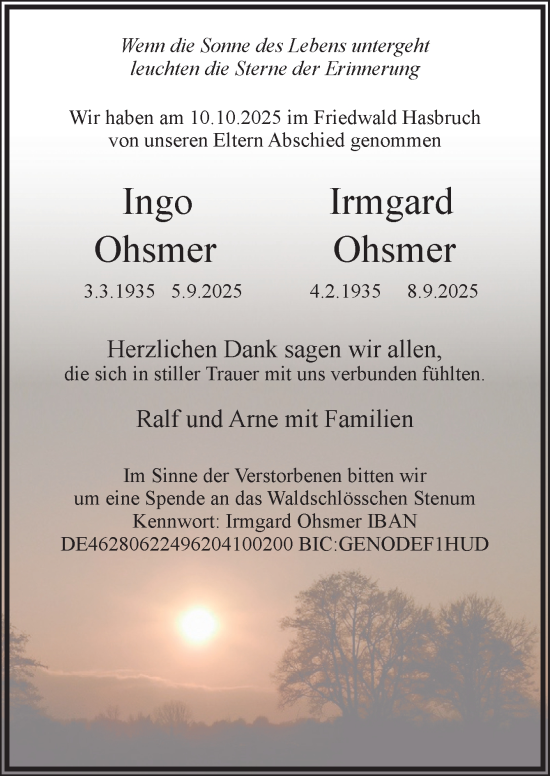 Traueranzeige von Ingo und Irmgard Ohsmer von DK Medien GmbH & Co. KG