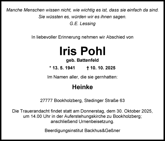 Traueranzeige von Iris Pohl von DK Medien GmbH & Co. KG