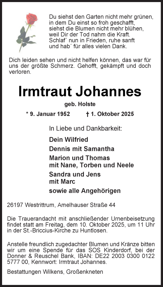 Traueranzeige von Irmtraut Johannes von DK Medien GmbH & Co. KG