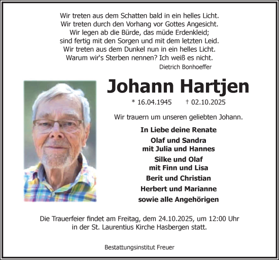 Traueranzeige von Johann Hartjen von DK Medien GmbH & Co. KG