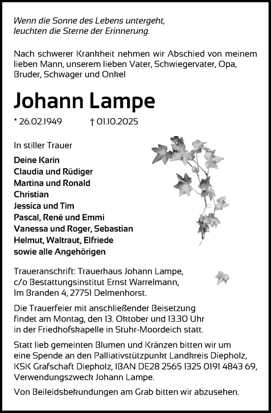 Traueranzeige von Johann Lampe von DK Medien GmbH & Co. KG