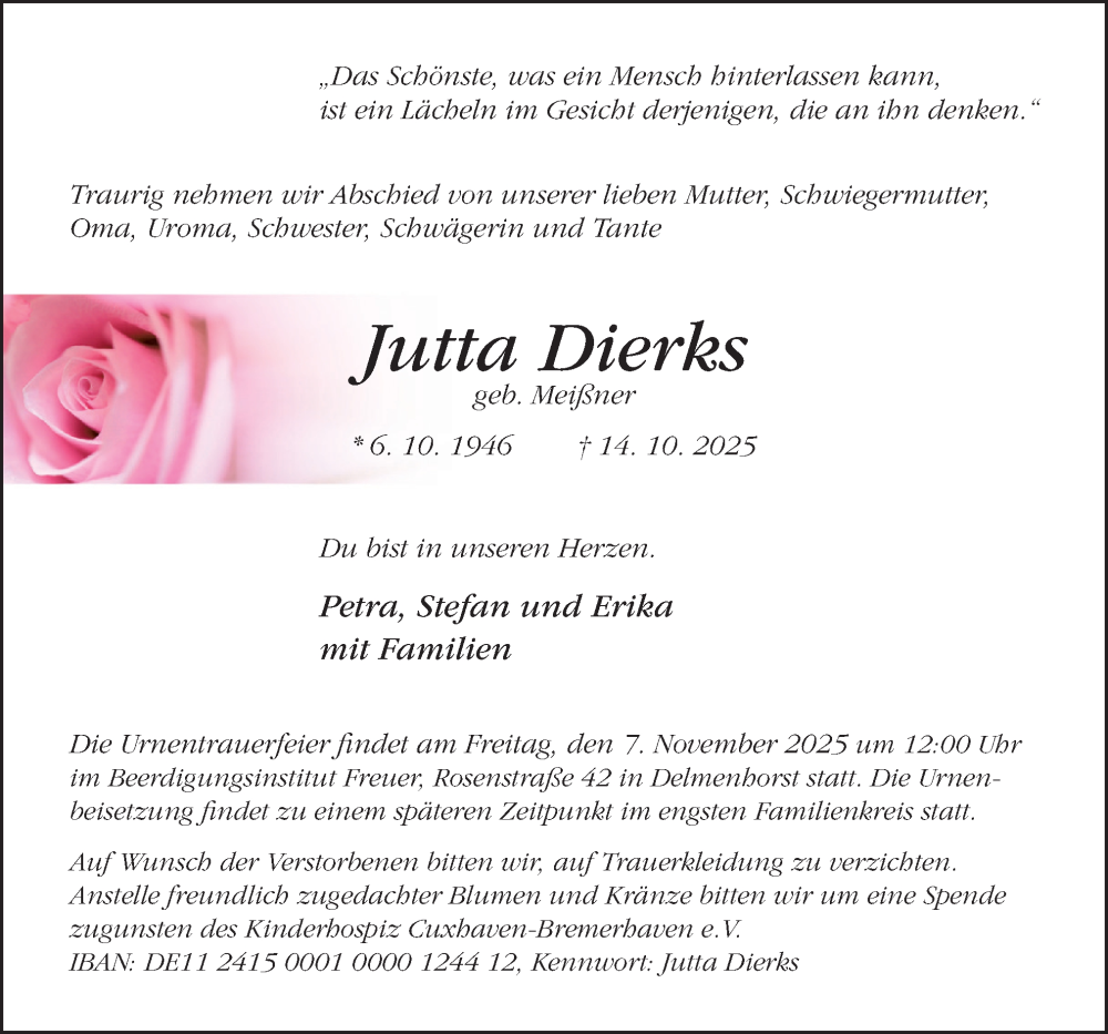  Traueranzeige für Jutta Dierks vom 25.10.2025 aus DK Medien GmbH & Co. KG
