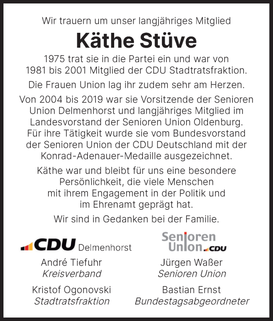 Traueranzeige von Käthe Stüve von DK Medien GmbH & Co. KG