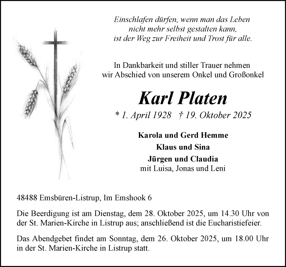  Traueranzeige für Karl Platen vom 23.10.2025 aus Neue Osnabrücker Zeitung GmbH & Co. KG