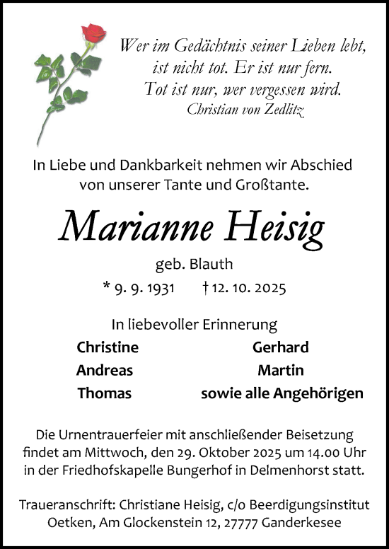 Traueranzeige von Marianne Heisig von DK Medien GmbH & Co. KG