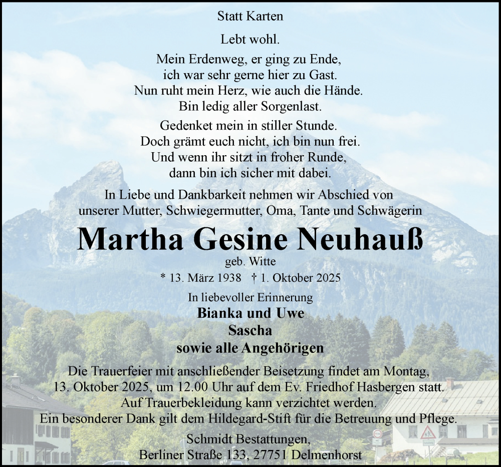  Traueranzeige für Martha Gesine Neuhaus vom 11.10.2025 aus DK Medien GmbH & Co. KG