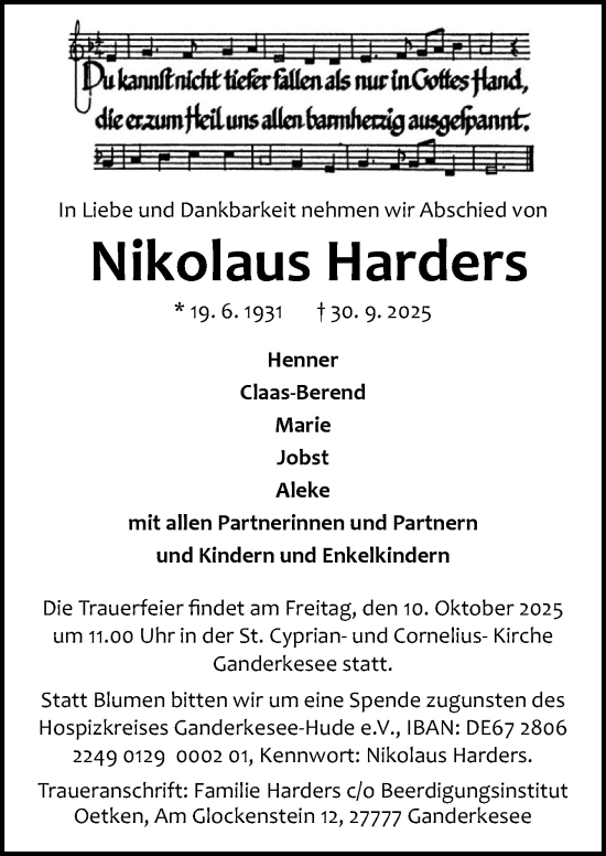 Traueranzeige von Nikolaus Harders von DK Medien GmbH & Co. KG