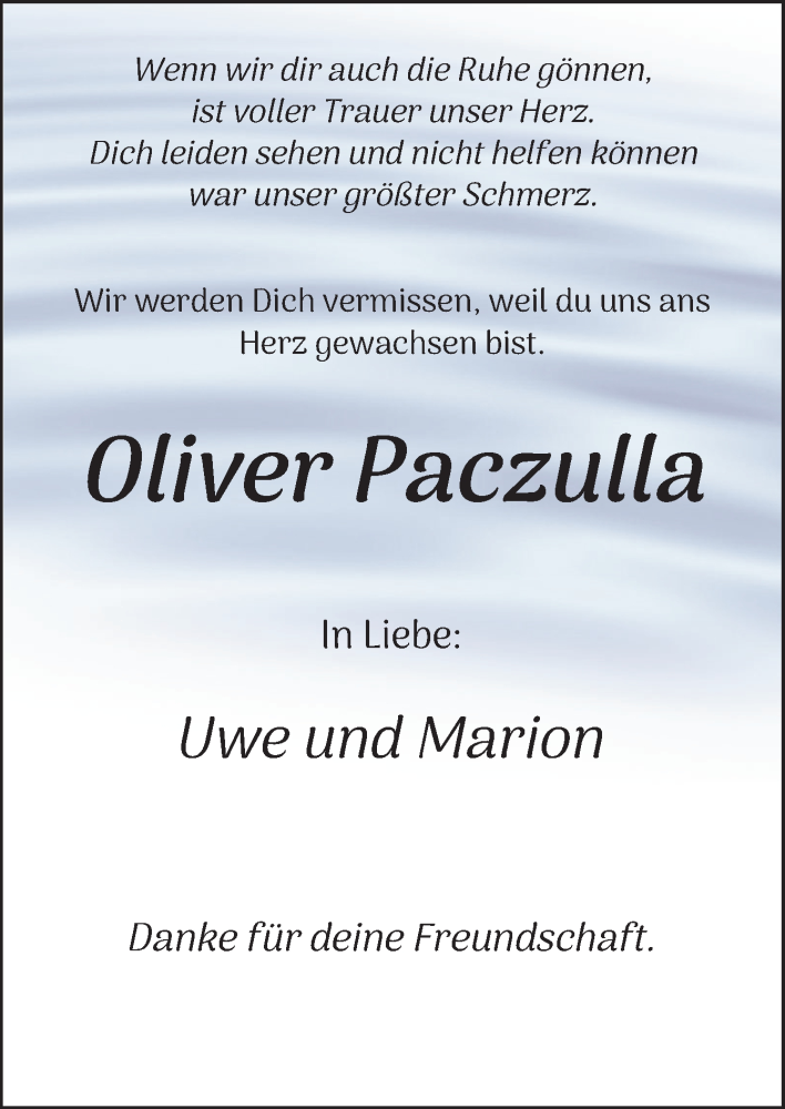  Traueranzeige für Oliver Paczulla vom 07.10.2025 aus DK Medien GmbH & Co. KG