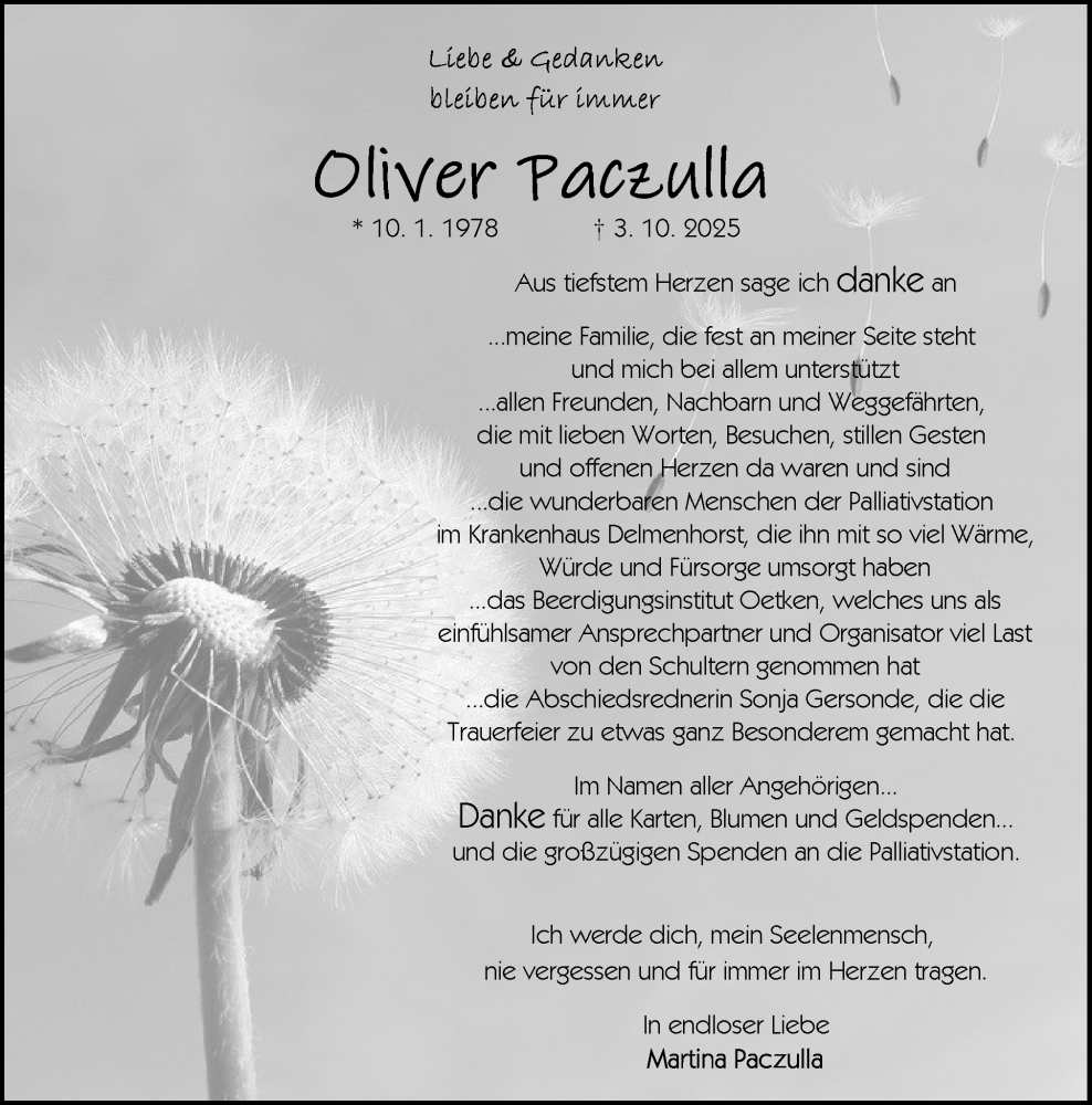  Traueranzeige für Oliver Paczulla vom 25.10.2025 aus DK Medien GmbH & Co. KG