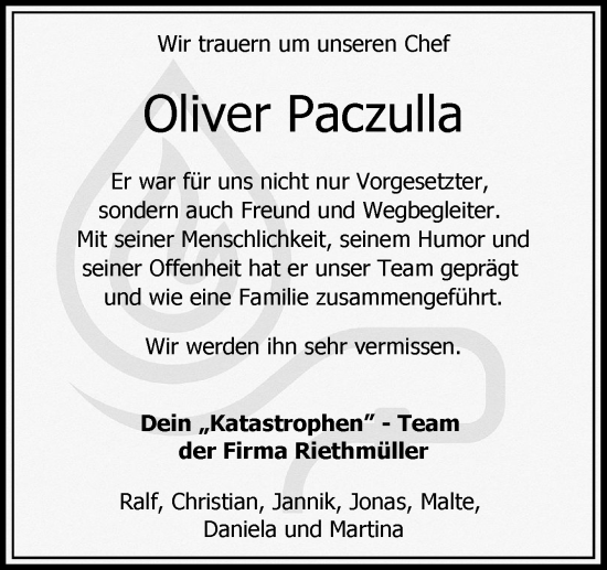 Traueranzeige von Oliver Paczulla von DK Medien GmbH & Co. KG