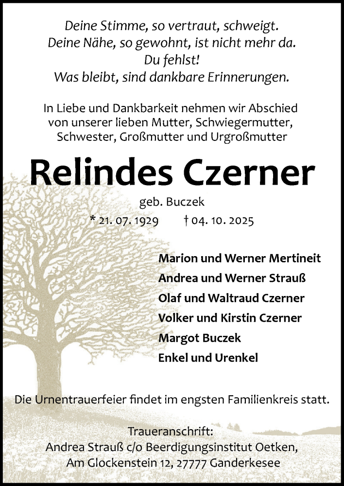  Traueranzeige für Relindes Czerner vom 11.10.2025 aus DK Medien GmbH & Co. KG