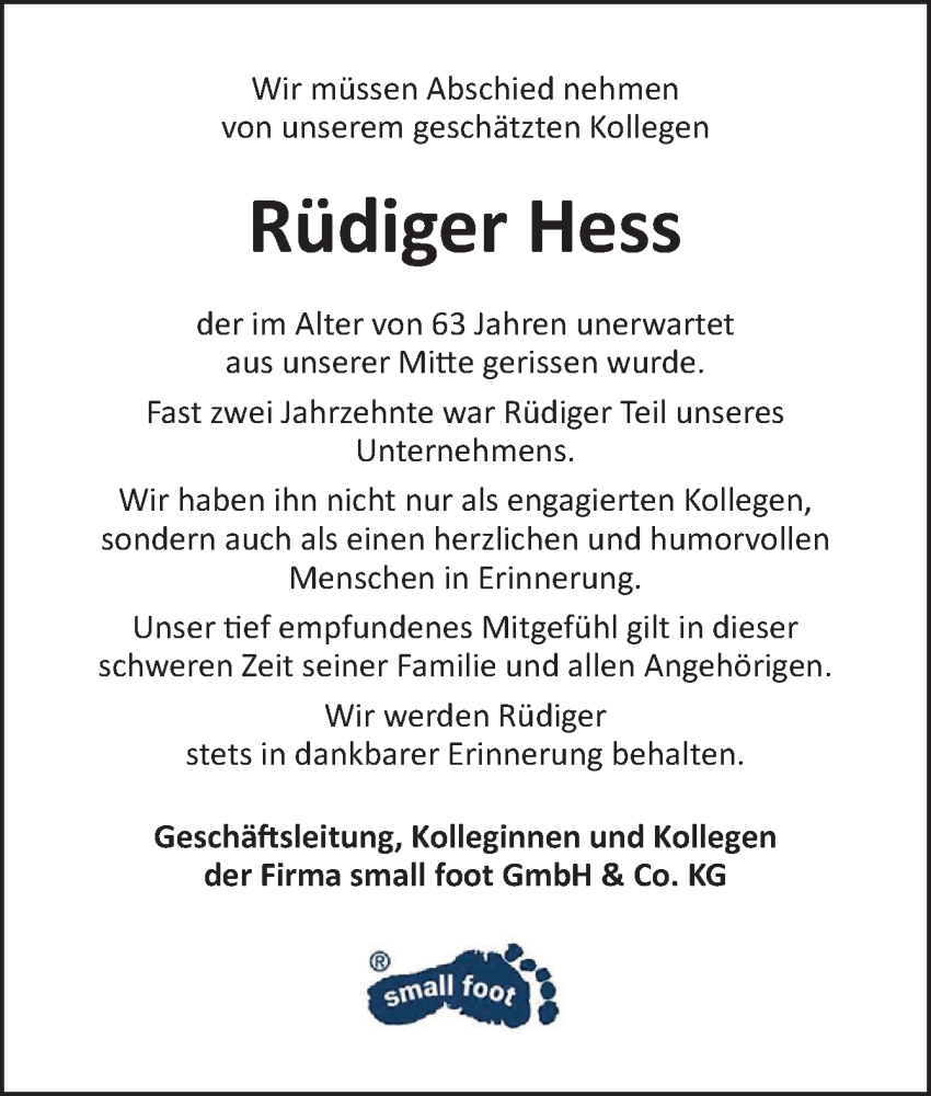  Traueranzeige für Rüdiger Hess vom 11.10.2025 aus DK Medien GmbH & Co. KG