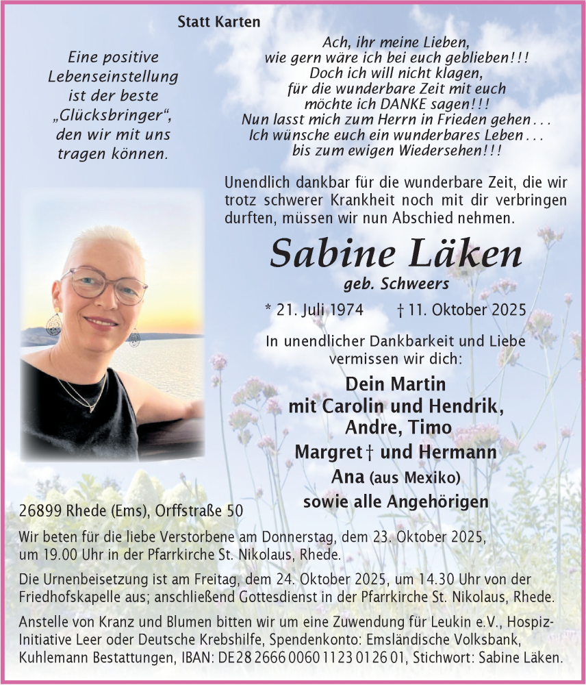  Traueranzeige für Sabine Läken vom 18.10.2025 aus Neue Osnabrücker Zeitung GmbH & Co. KG