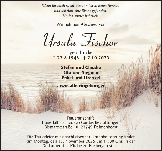 Traueranzeige von Ursula Fischer von DK Medien GmbH & Co. KG