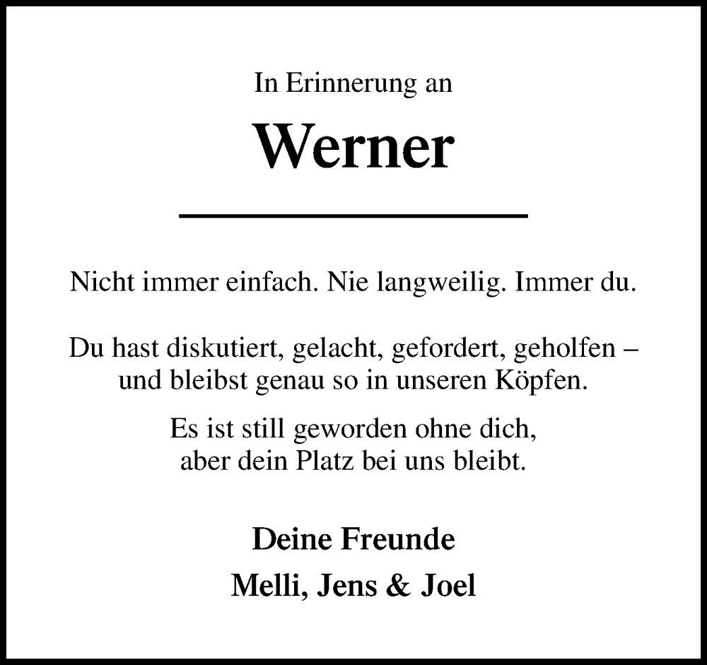  Traueranzeige für Werner  vom 25.10.2025 aus DK Medien GmbH & Co. KG
